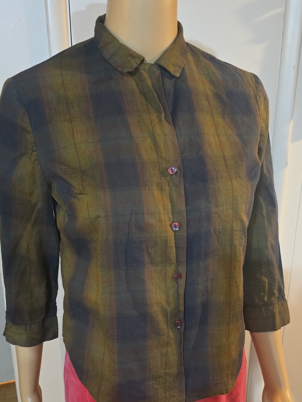 1960's Vintage Plaid Button Down 3/4 Sleeve Blouse